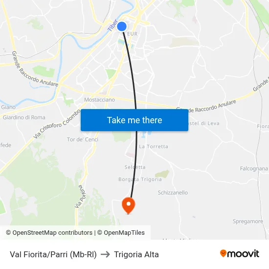 Val Fiorita/Parri (Metro-Rail) to Trigoria Alta map
