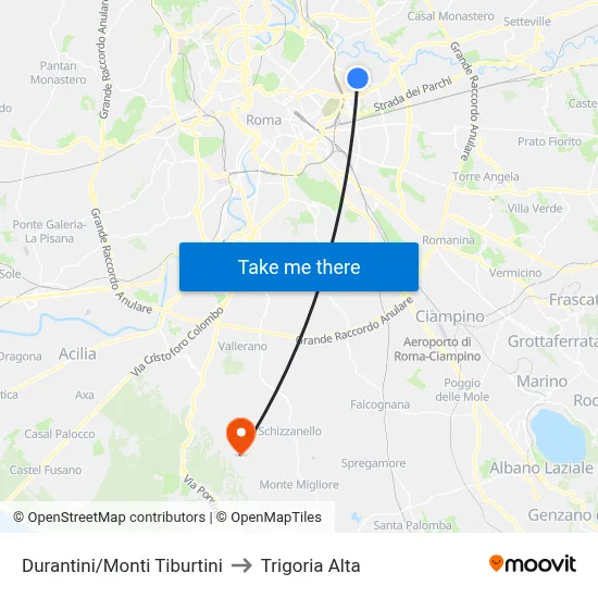 Durantini/Monti Tiburtini to Trigoria Alta map