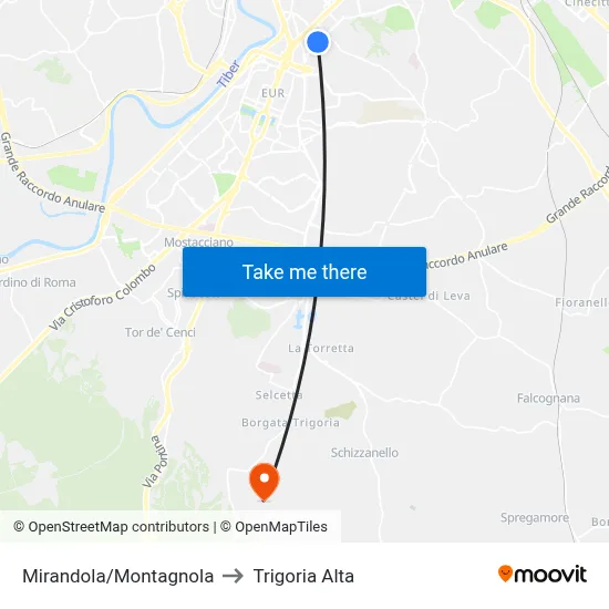 Mirandola/Montagnola to Trigoria Alta map