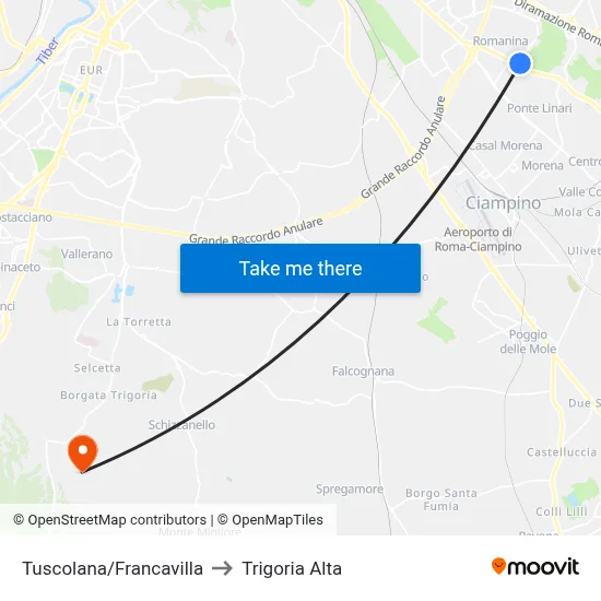 Tuscolana/Francavilla to Trigoria Alta map