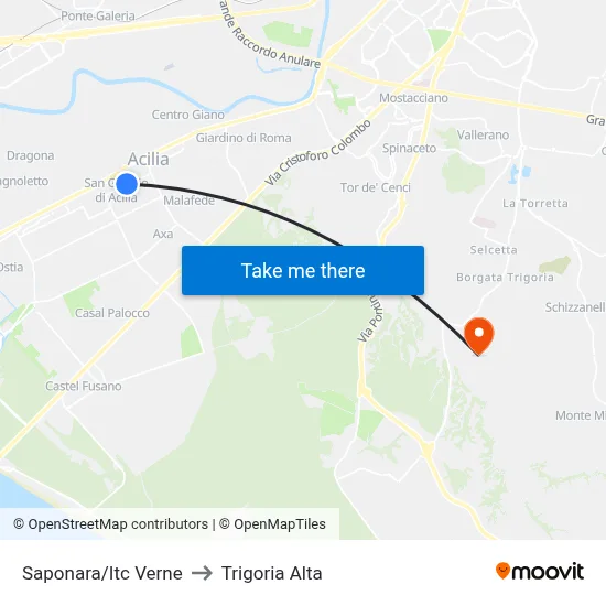 Saponara/Itc Verne to Trigoria Alta map