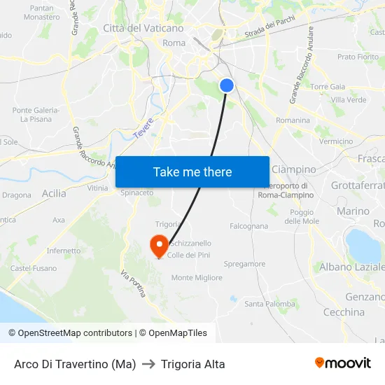 Arco Di Travertino (Metro A) to Trigoria Alta map