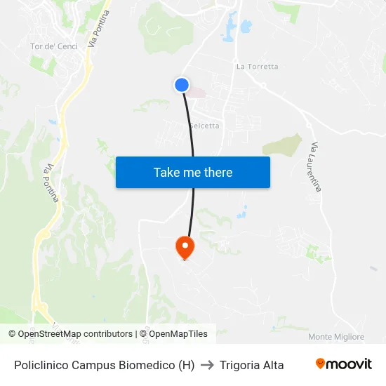 Biomedical Campus Hospital to Trigoria Alta map