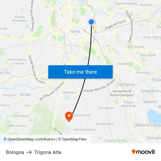 Bologna to Trigoria Alta map