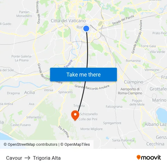 Cavour to Trigoria Alta map