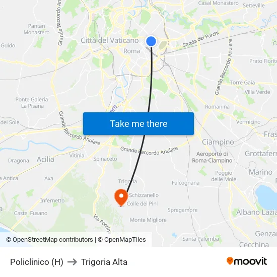 Policlinico Hospital to Trigoria Alta map