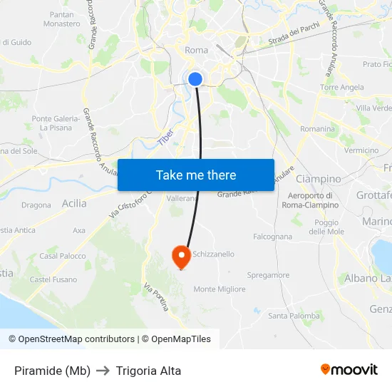 Pyramid (Metro) to Trigoria Alta map
