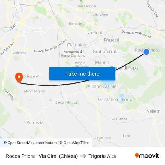 Rocca Priora | Via Olmi (Church) to Trigoria Alta map