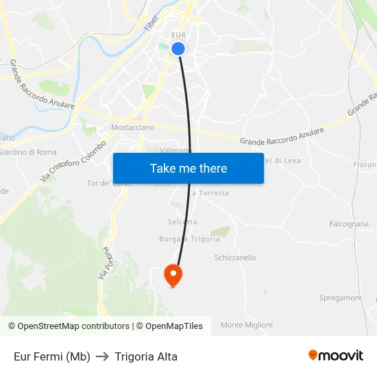 Eur Fermi (Metro B) to Trigoria Alta map