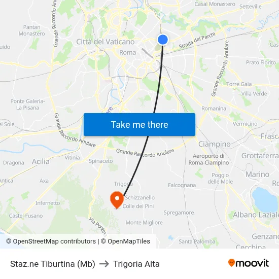 Tiburtina Station (Metro B) to Trigoria Alta map