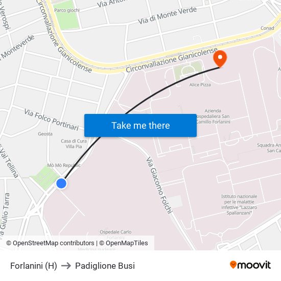 Forlanini (H) to Padiglione Busi map
