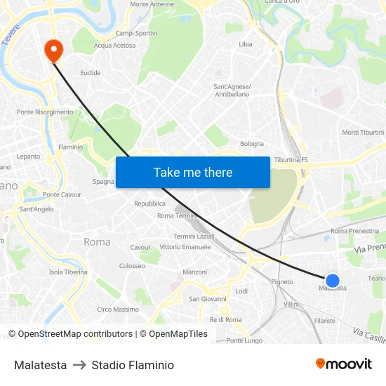 Malatesta to Stadio Flaminio map