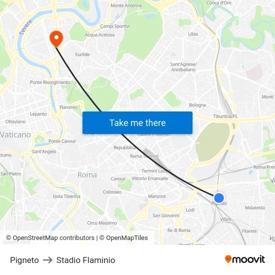 Pigneto to Stadio Flaminio map