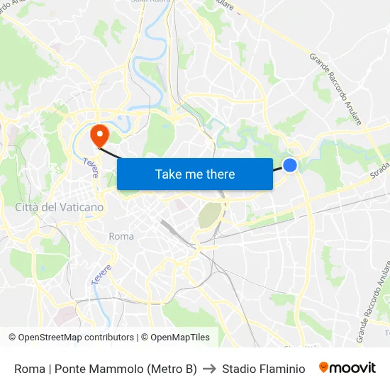Rome Ponte Mammolo (Metro B) to Flaminio Stadium map