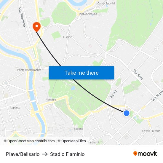 Piave/Belisario to Stadio Flaminio map