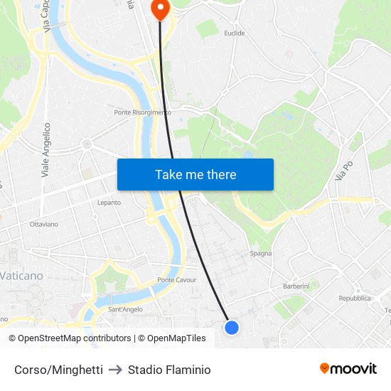 Corso/Minghetti to Stadio Flaminio map