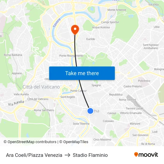Ara Coeli/Piazza Venezia to Stadio Flaminio map