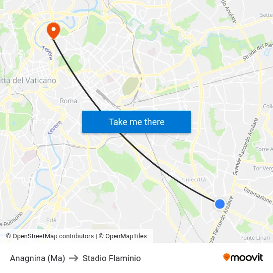 Anagnina (Ma) to Stadio Flaminio map