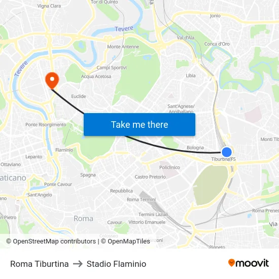 Roma Tiburtina to Stadio Flaminio map