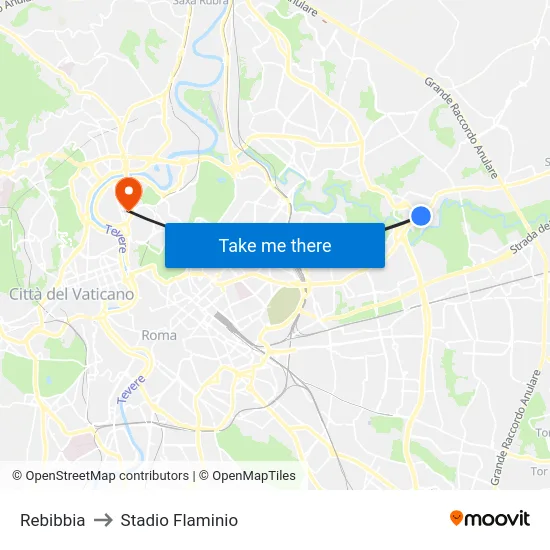 Rebibbia to Stadio Flaminio map