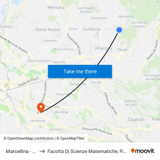 Marcellina - Palombara to Facoltà Di Scienze Matematiche, Fisiche E Naturali (Sogene) map