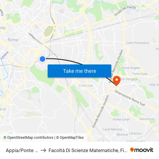 Appia/Ponte Lungo (Ma) to Facoltà Di Scienze Matematiche, Fisiche E Naturali (Sogene) map