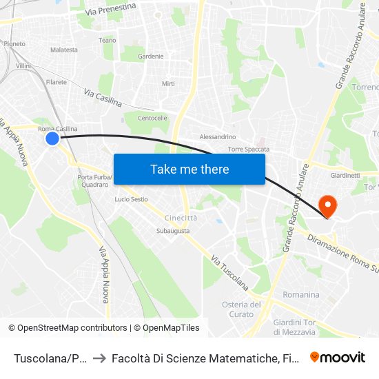 Tuscolana/Porta Furba to Facoltà Di Scienze Matematiche, Fisiche E Naturali (Sogene) map