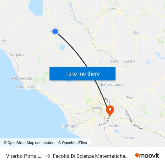 Viterbo Porta Fiorentina FS to Facoltà Di Scienze Matematiche, Fisiche E Naturali (Sogene) map