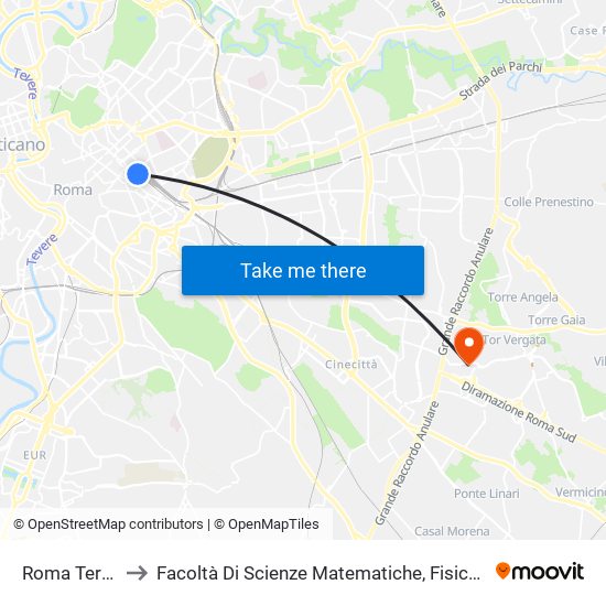 Roma Termini (1) to Facoltà Di Scienze Matematiche, Fisiche E Naturali (Sogene) map