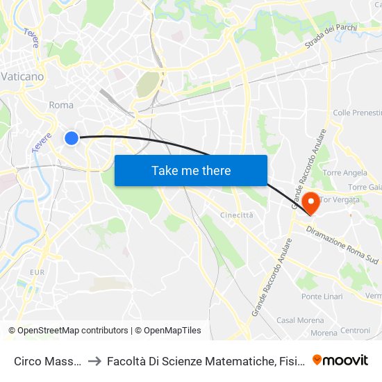 Circo Massimo (Mb) to Facoltà Di Scienze Matematiche, Fisiche E Naturali (Sogene) map