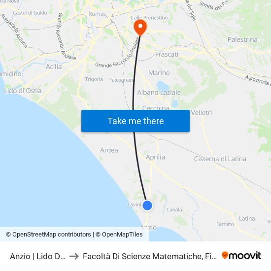 Anzio | Lido Di Lavinio FS to Facoltà Di Scienze Matematiche, Fisiche E Naturali (Sogene) map