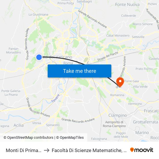 Monti Di Primavalle/Torrigio to Facoltà Di Scienze Matematiche, Fisiche E Naturali (Sogene) map