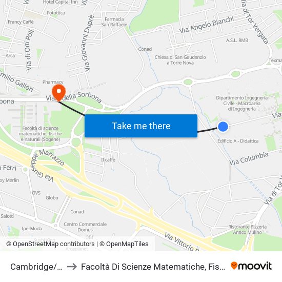 Cambridge/Columbia to Facoltà Di Scienze Matematiche, Fisiche E Naturali (Sogene) map