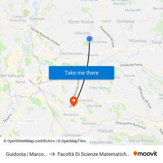 Guidonia | Marco Simone Vecchio to Facoltà Di Scienze Matematiche, Fisiche E Naturali (Sogene) map