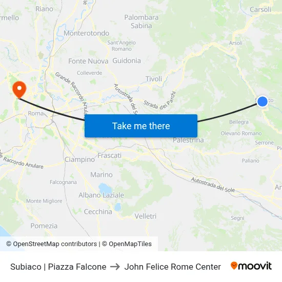 Subiaco Piazza Falcone to John Felice Rome Center map