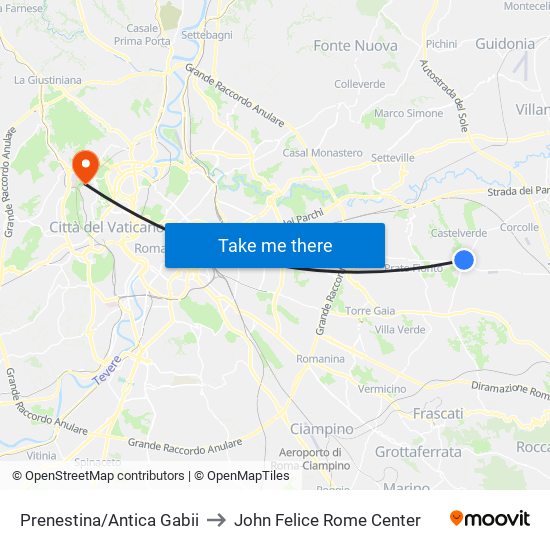 Prenestina/Antica Gabii to John Felice Rome Center map