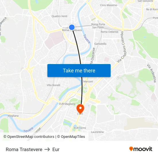 Roma Trastevere to Eur map