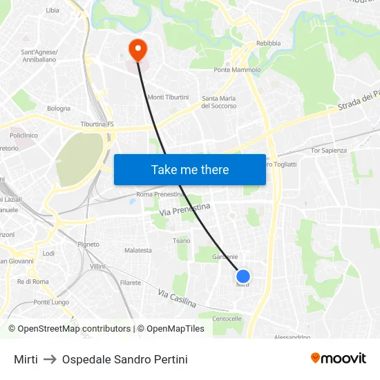 Mirti to Ospedale Sandro Pertini map