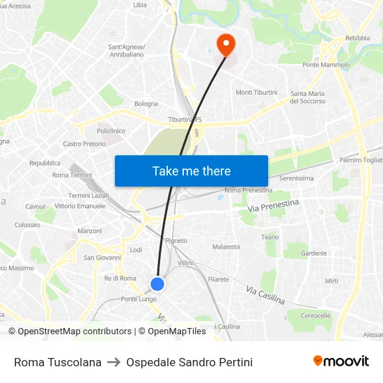 Roma Tuscolana to Sandro Pertini Hospital map