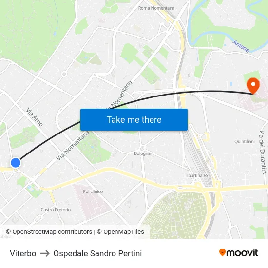 Viterbo to Ospedale Sandro Pertini map