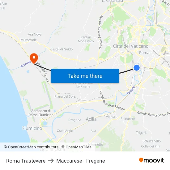 Roma Trastevere to Maccarese - Fregene map