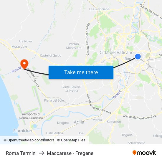 Roma Termini to Maccarese - Fregene map