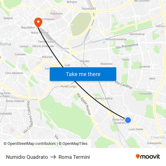 Numidio Quadrato to Roma Termini map