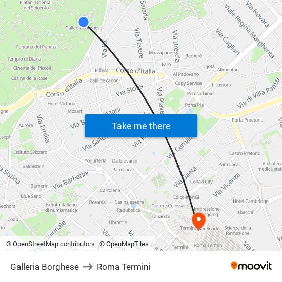 Galleria Borghese to Roma Termini map