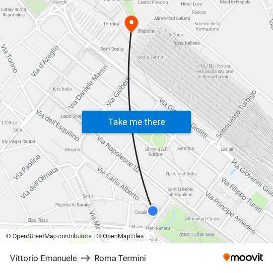 Vittorio Emanuele to Roma Termini map