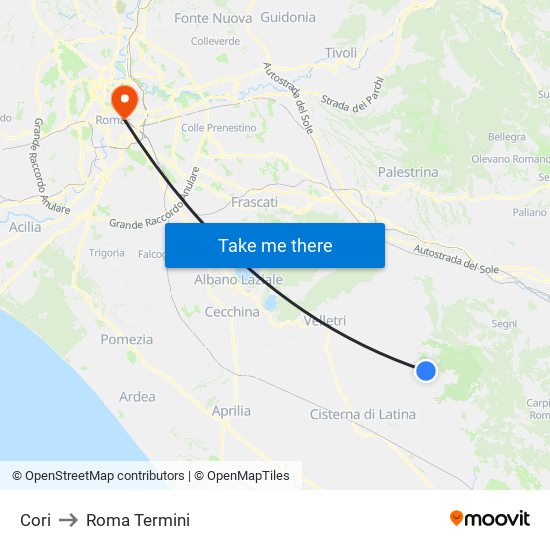 Cori to Roma Termini map