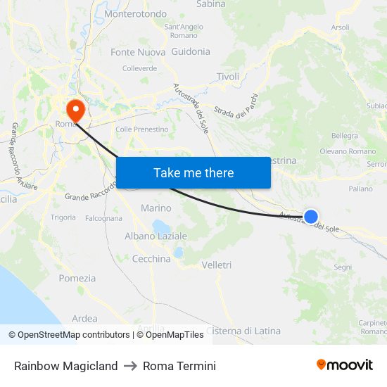 Rainbow Magicland to Roma Termini map