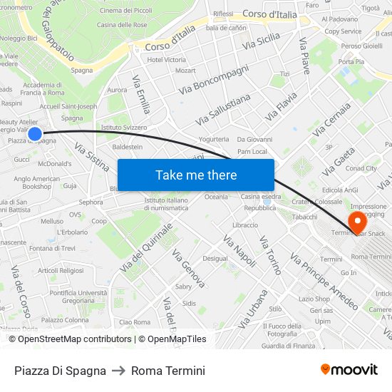 Piazza Di Spagna to Roma Termini map