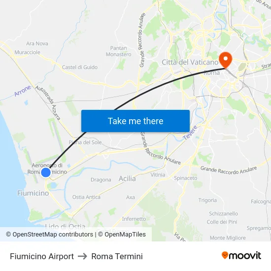 Fiumicino Airport to Roma Termini map