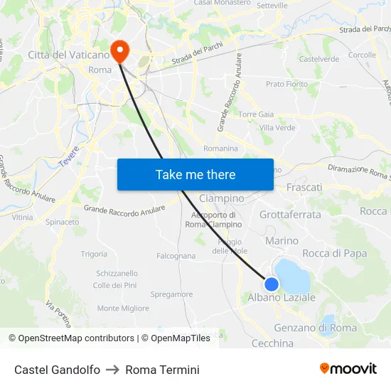 Castel Gandolfo to Roma Termini map